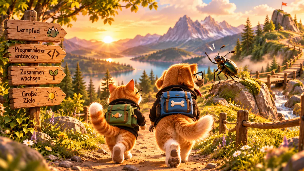 Bit und Byte wandern mit Rucksack auf dem Lernpfad – Wegweiser: Lernpfad, Programmieren entdecken, Zusammen wachsen, Große Ziele
